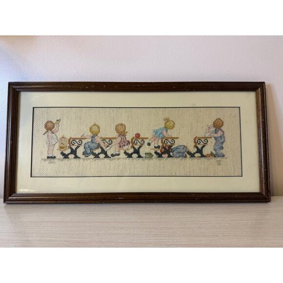 Vintage Framed Cross Stitch Classroom Homeschool Teacher 17.5Lx8W Cottagecore - Picture 1 of 8
